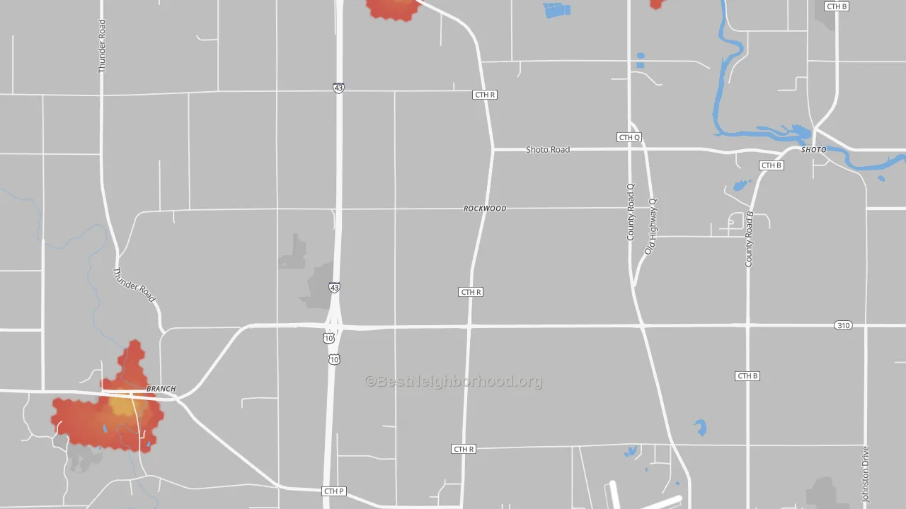 Walk Grade map of Rockwood, WI, walkable areas in green and car-dependent areas in red