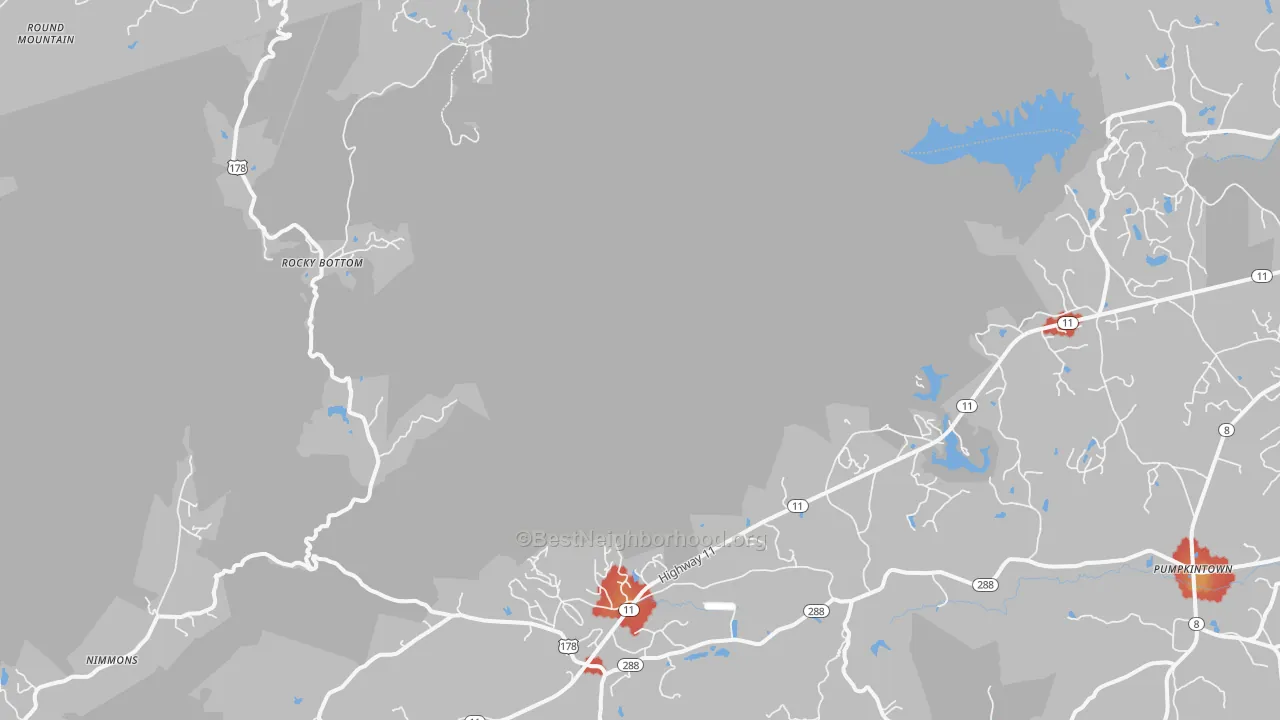 Walk Grade map of Rocky Bottom, SC, walkable areas in green and car-dependent areas in red