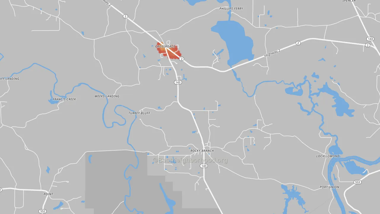 Walk Grade map of Rocky Branch, LA, walkable areas in green and car-dependent areas in red