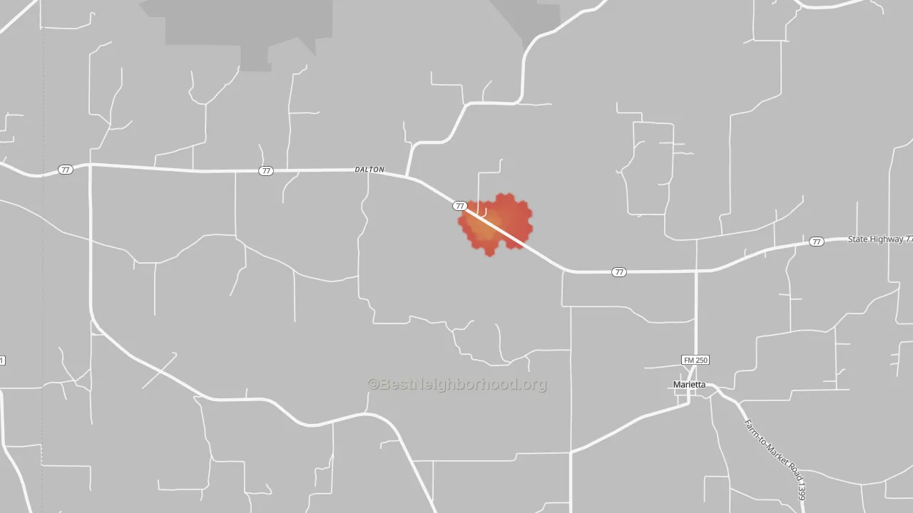 Walk Grade map of Rocky Branch, TX, walkable areas in green and car-dependent areas in red