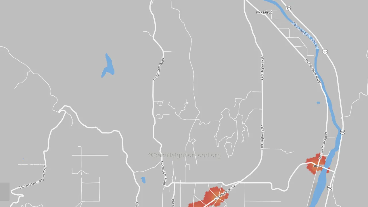 Walk Grade map of Rocky Butte, WA, walkable areas in green and car-dependent areas in red