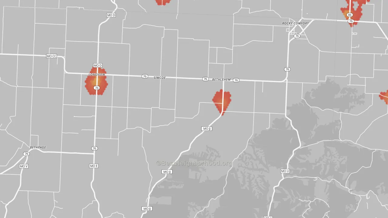 Walk Grade map of Rocky Comfort, MO, walkable areas in green and car-dependent areas in red
