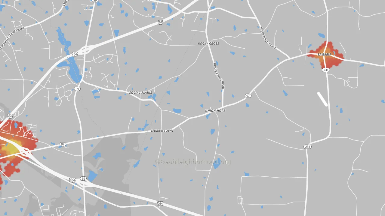 Walk Grade map of Rocky Cross, NC, walkable areas in green and car-dependent areas in red