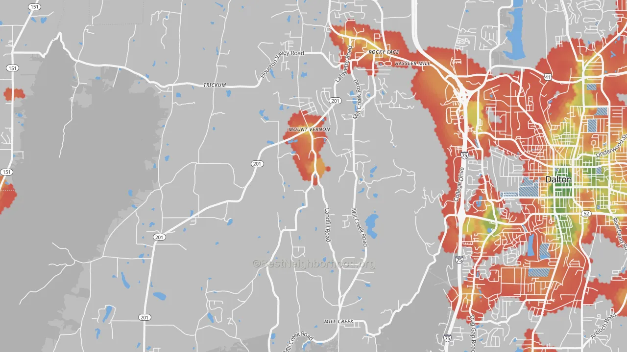 Walk Grade map of Rocky Face, GA, walkable areas in green and car-dependent areas in red