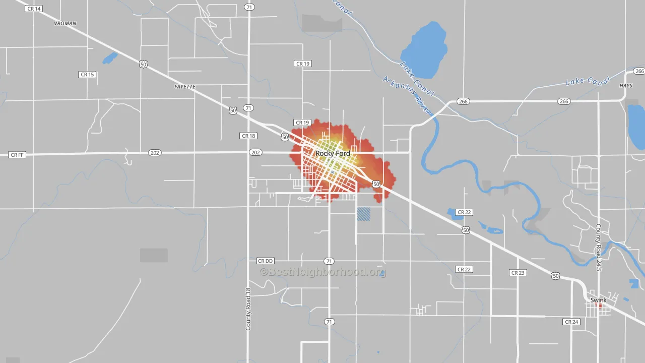 Walk Grade map of Rocky Ford, CO, walkable areas in green and car-dependent areas in red