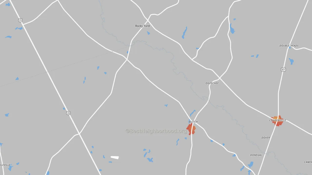 Walk Grade map of Rocky Ford, GA, walkable areas in green and car-dependent areas in red