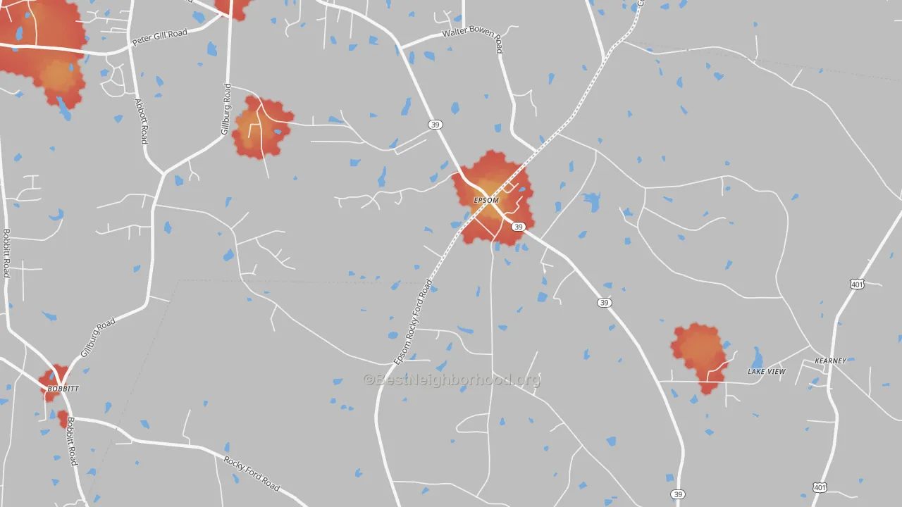Walk Grade map of Rocky Ford, NC, walkable areas in green and car-dependent areas in red