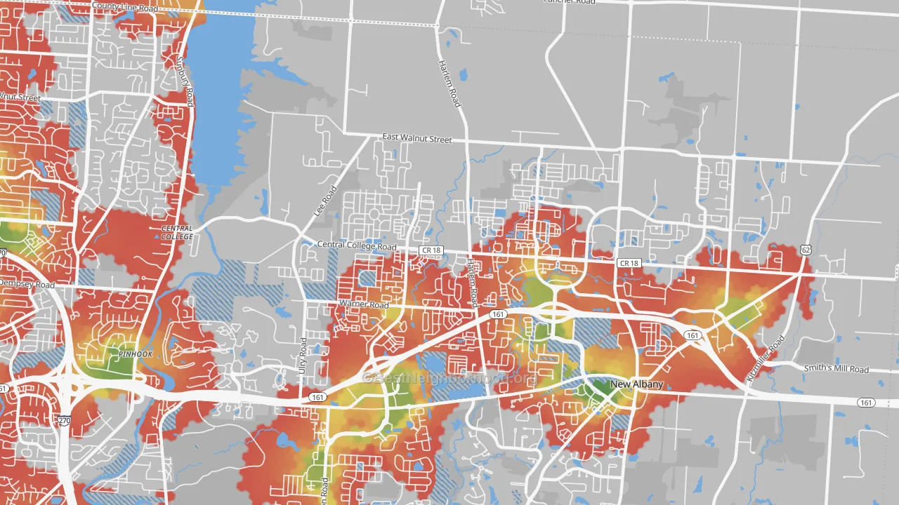 Walk Grade map of Rocky-Fork Blacklick Accord, Westerville, OH, walkable areas in green and car-dependent areas in red