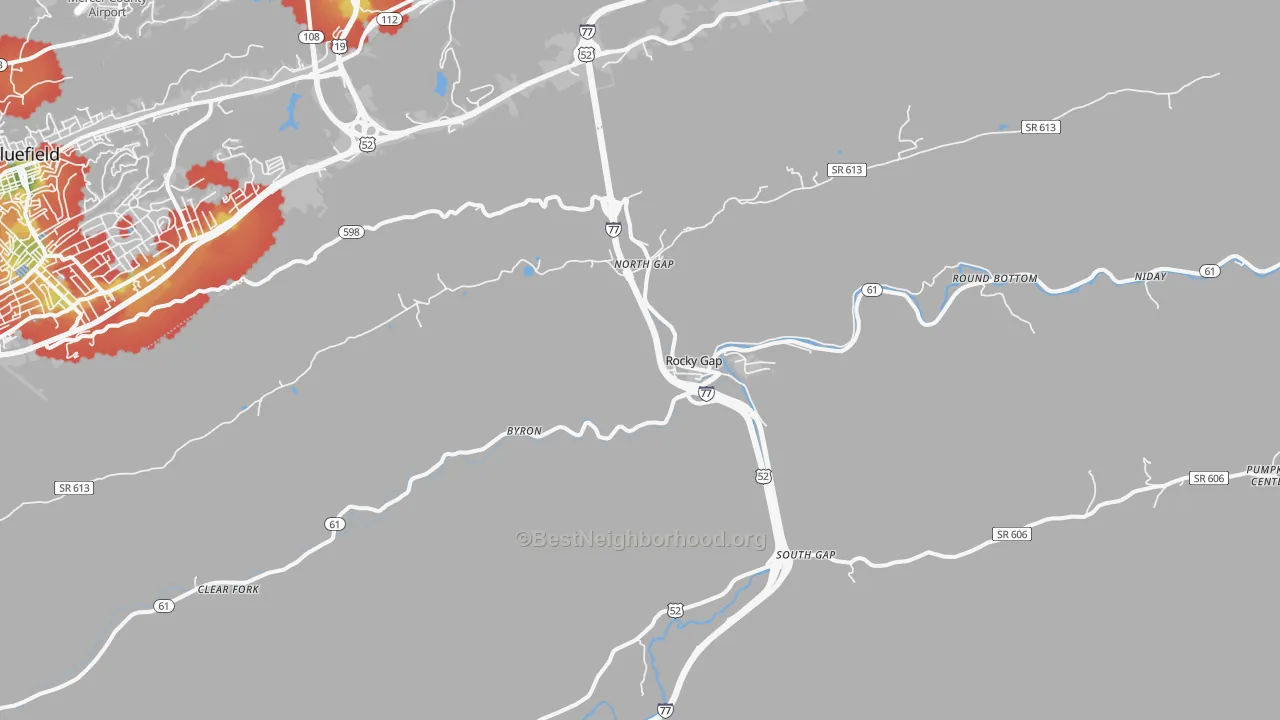 Walk Grade map of Rocky Gap, VA, walkable areas in green and car-dependent areas in red
