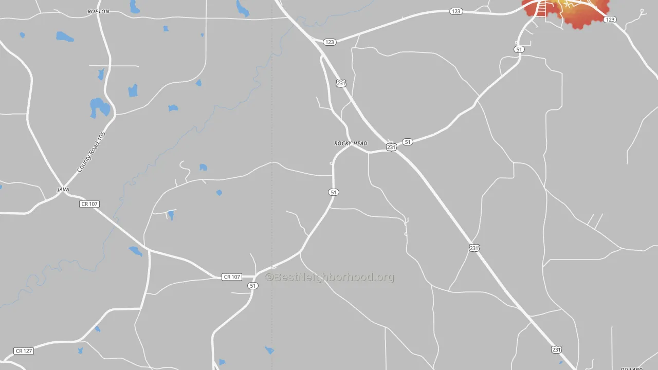 Walk Grade map of Rocky Head, AL, walkable areas in green and car-dependent areas in red