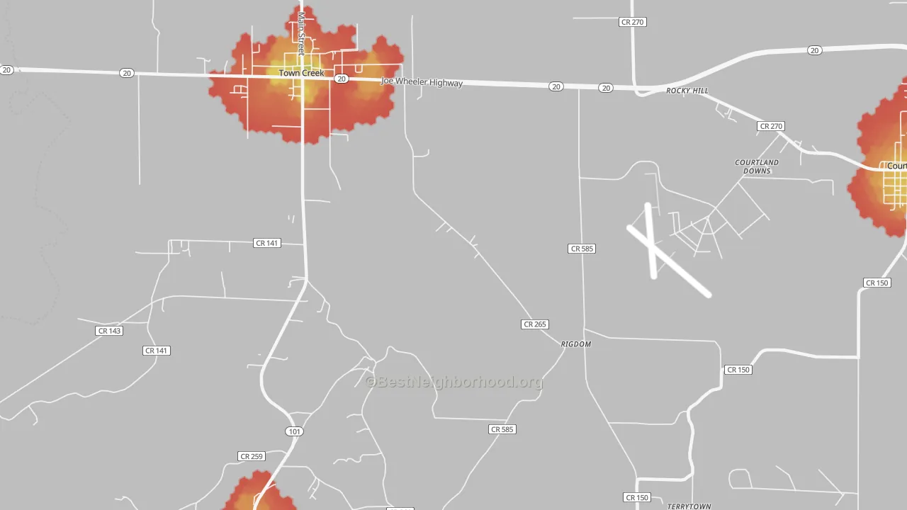 Walk Grade map of Rocky Hill, AL, walkable areas in green and car-dependent areas in red