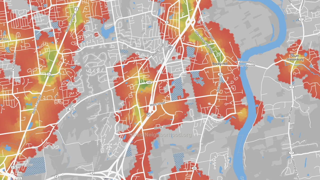 Walk Grade map of Rocky Hill, CT, walkable areas in green and car-dependent areas in red