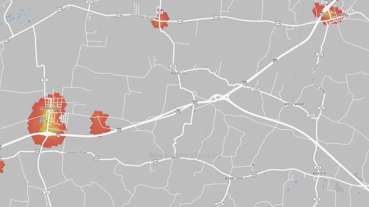 Walk Grade map of Rocky Hill, KY, walkable areas in green and car-dependent areas in red
