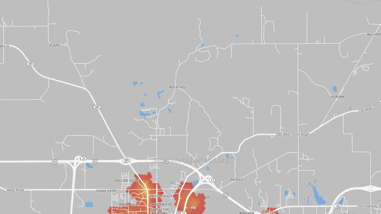 Walk Grade map of Rocky Hill, MS, walkable areas in green and car-dependent areas in red