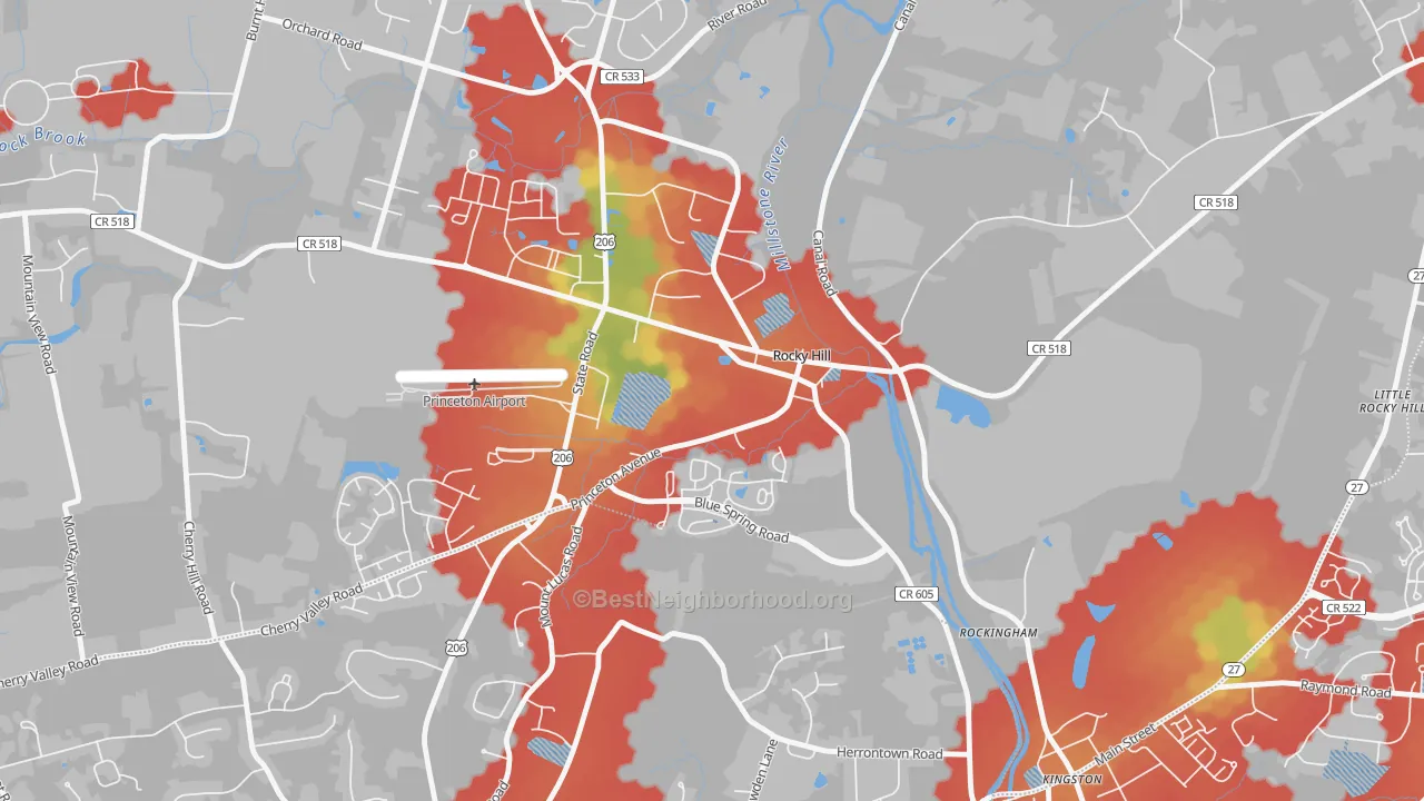 Walk Grade map of Rocky Hill, NJ, walkable areas in green and car-dependent areas in red