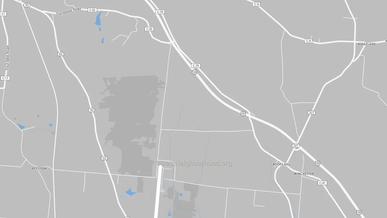 Walk Grade map of Rocky Hill, OH, walkable areas in green and car-dependent areas in red