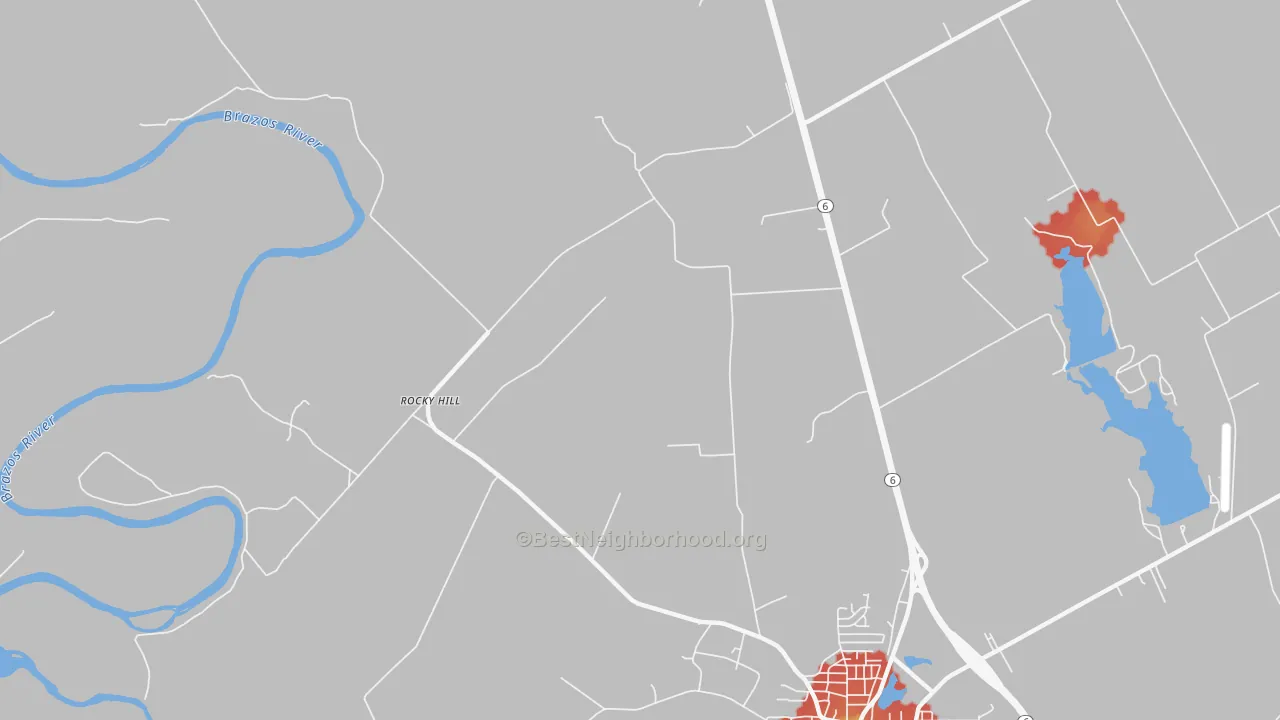 Walk Grade map of Rocky Hill, TX, walkable areas in green and car-dependent areas in red
