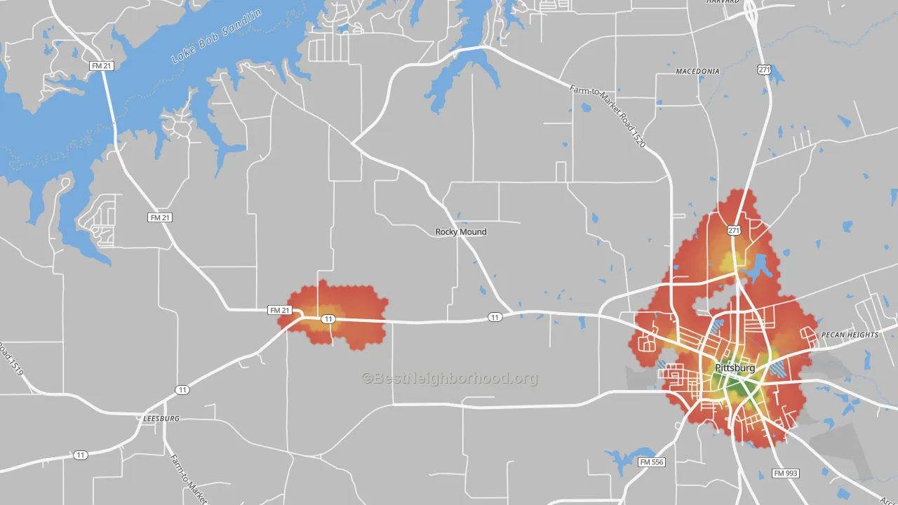 Walk Grade map of Rocky Mound, TX, walkable areas in green and car-dependent areas in red