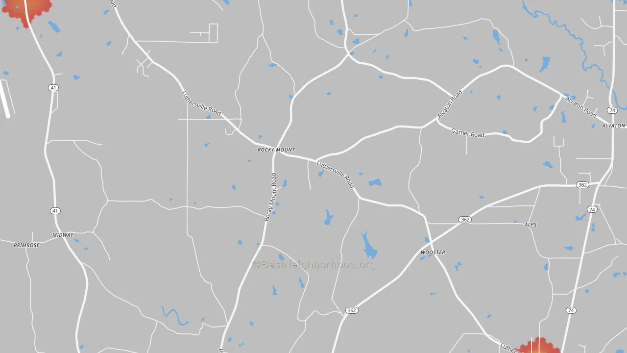 Walk Grade map of Rocky Mount, GA, walkable areas in green and car-dependent areas in red