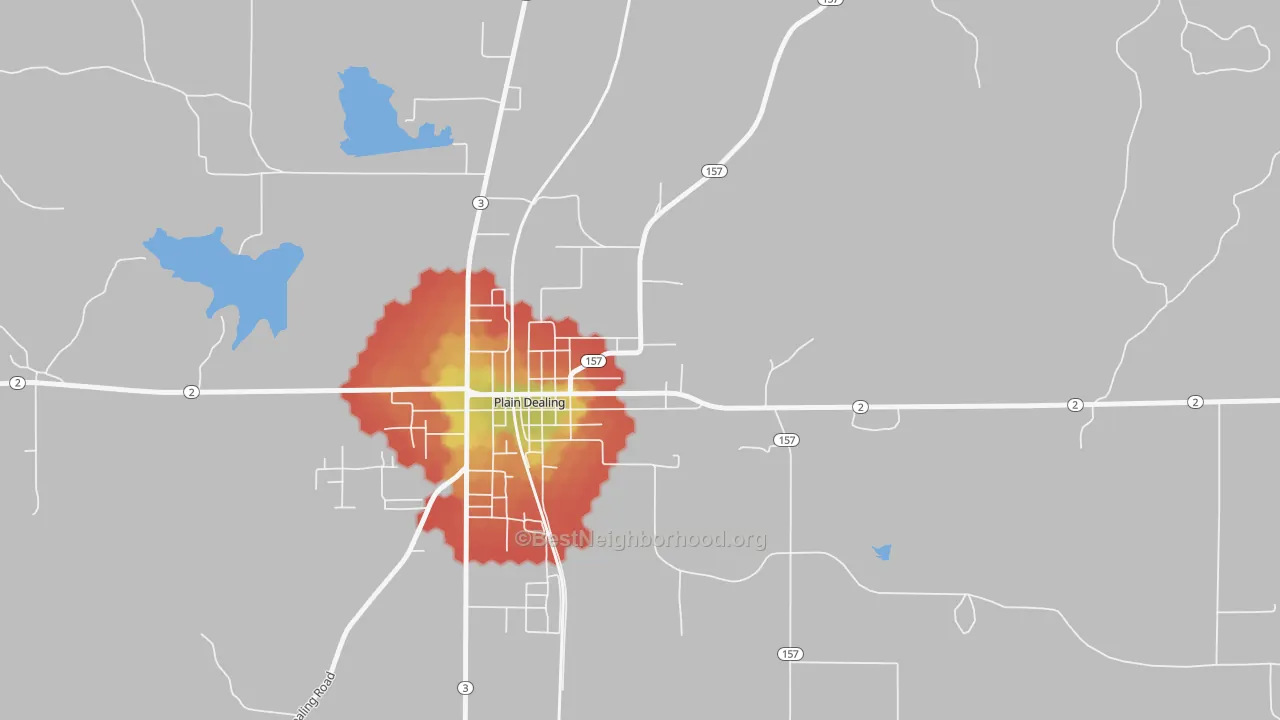 Walk Grade map of Rocky Mount, LA, walkable areas in green and car-dependent areas in red