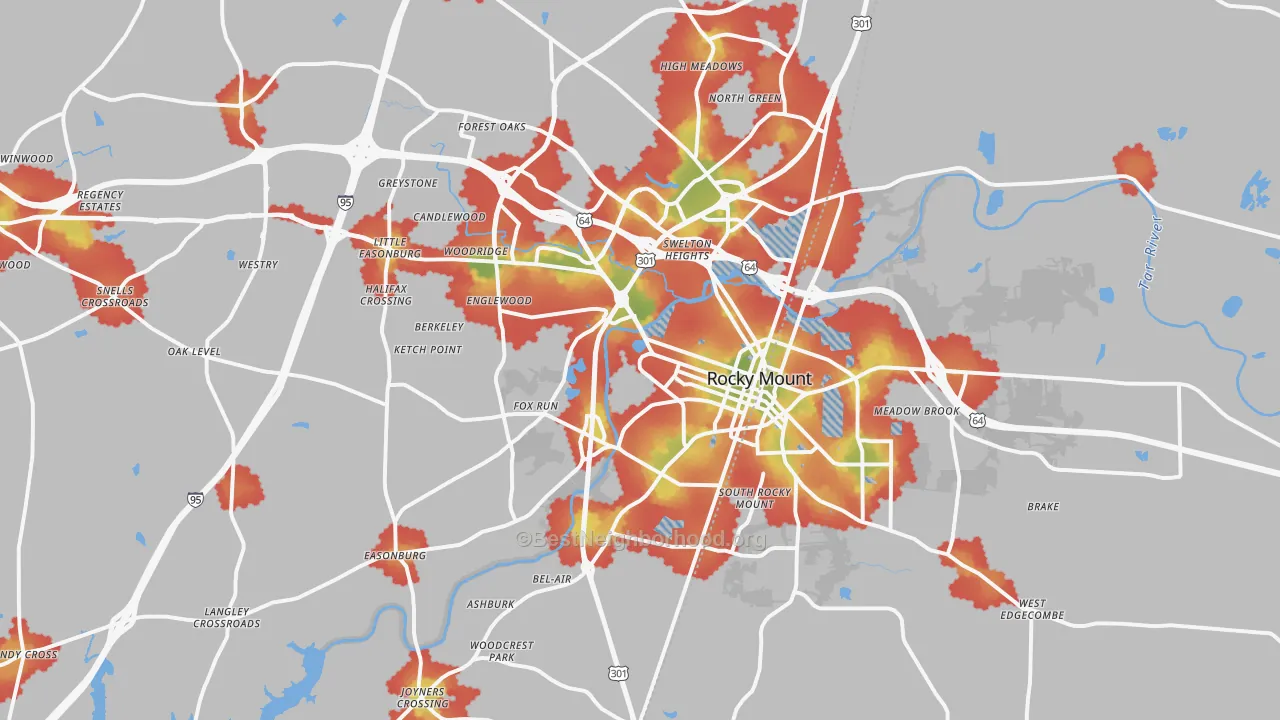 Walk Grade map of Rocky Mount, NC, walkable areas in green and car-dependent areas in red