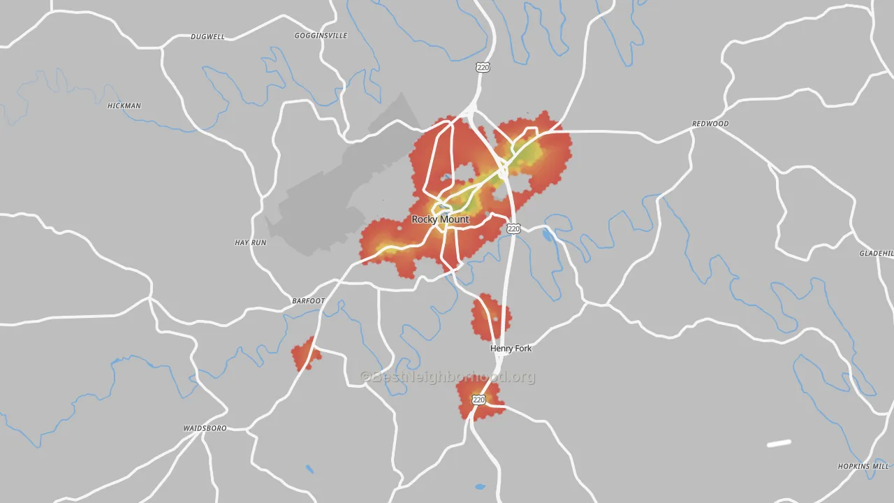 Walk Grade map of Rocky Mount, VA, walkable areas in green and car-dependent areas in red