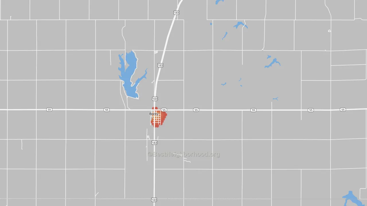 Walk Grade map of Rocky, OK, walkable areas in green and car-dependent areas in red