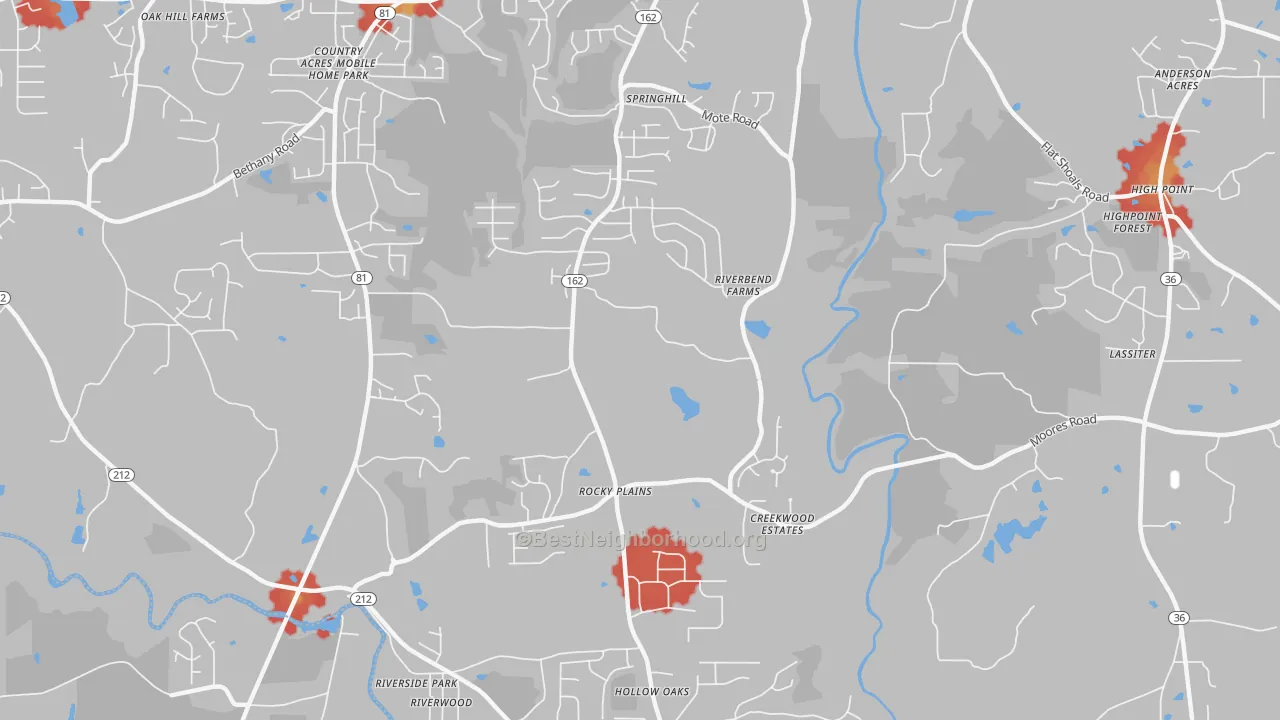 Walk Grade map of Rocky Plains, GA, walkable areas in green and car-dependent areas in red