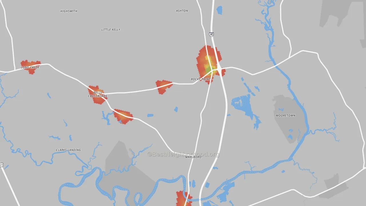 Walk Grade map of Rocky Point, NC, walkable areas in green and car-dependent areas in red