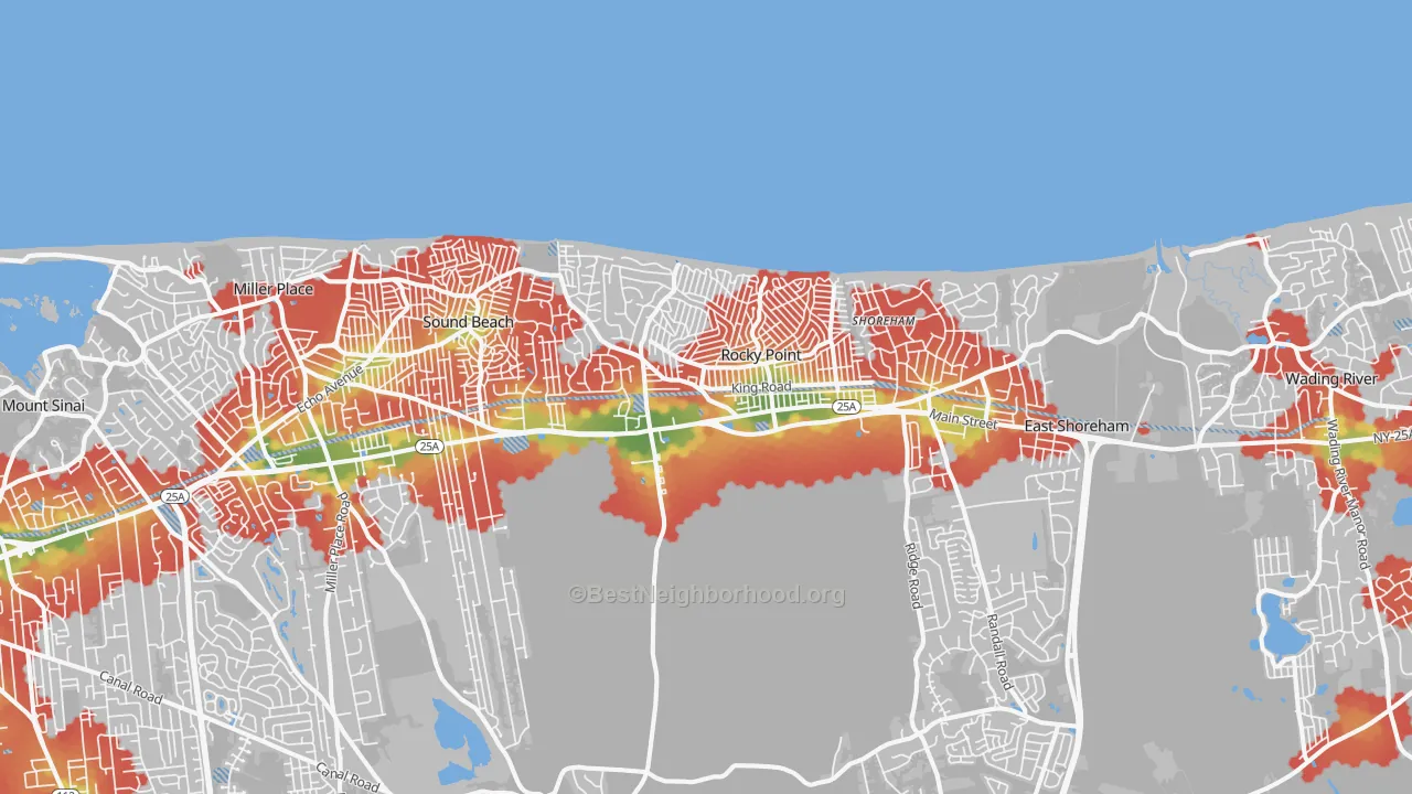 Walk Grade map of Rocky Point, NY, walkable areas in green and car-dependent areas in red