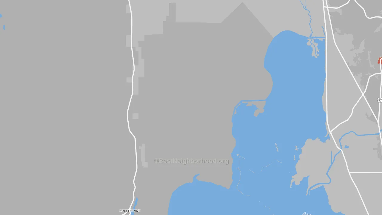 Walk Grade map of Rocky Point, OR, walkable areas in green and car-dependent areas in red
