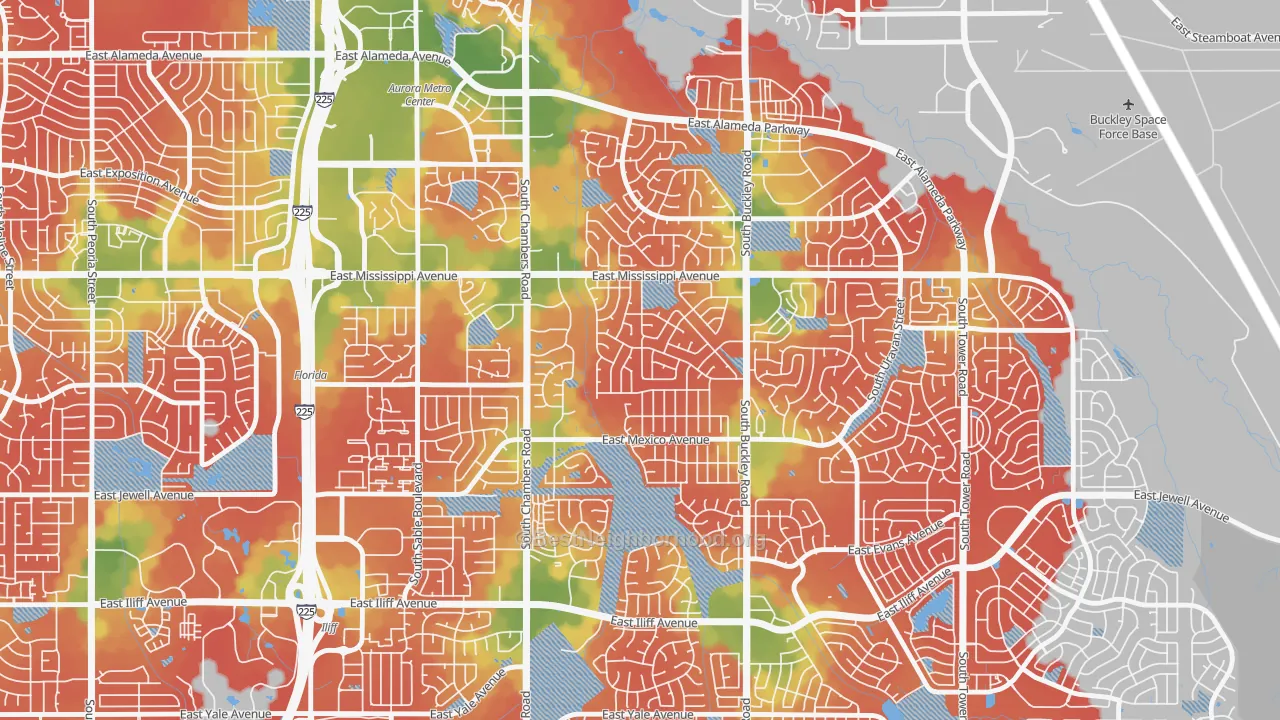 Walk Grade map of Rocky Ridge, Aurora, CO, walkable areas in green and car-dependent areas in red