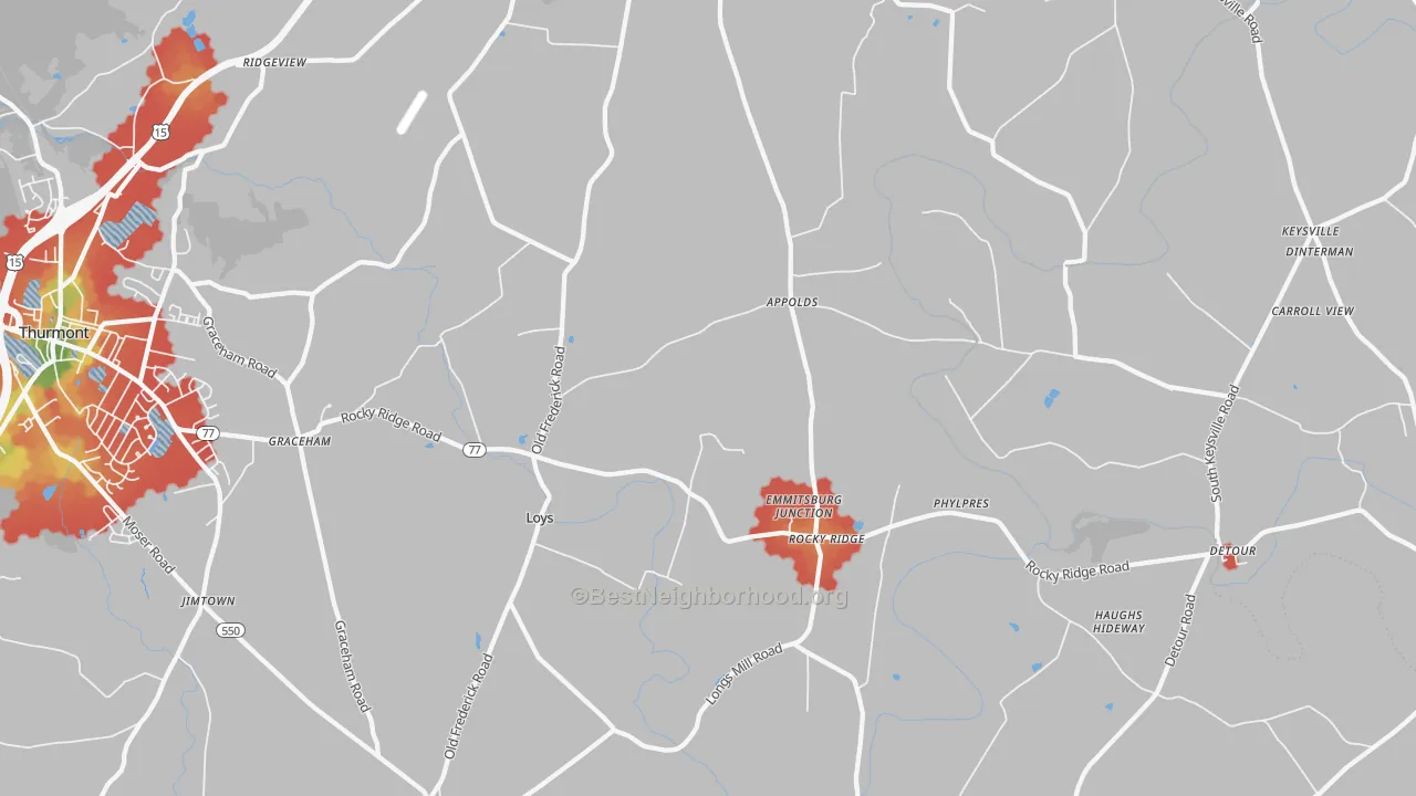 Walk Grade map of Rocky Ridge, MD, walkable areas in green and car-dependent areas in red