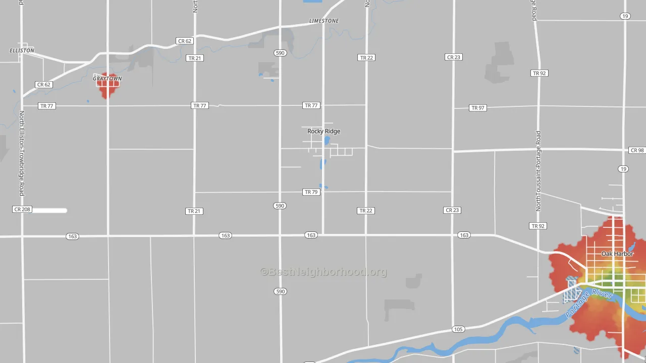 Walk Grade map of Rocky Ridge, OH, walkable areas in green and car-dependent areas in red