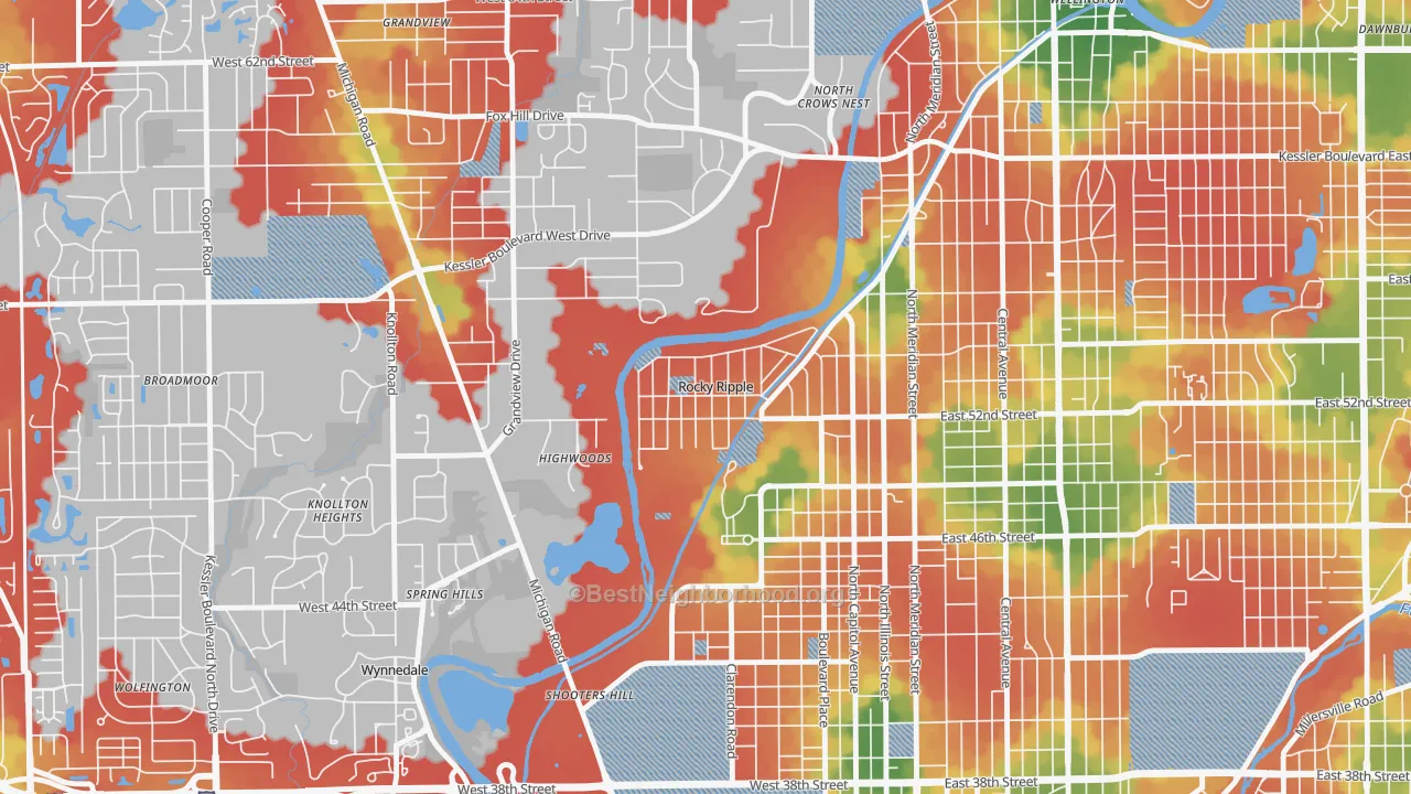 Walk Grade map of Rocky Ripple, IN, walkable areas in green and car-dependent areas in red