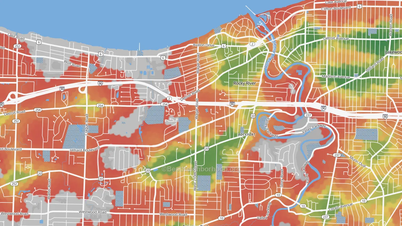 Walk Grade map of Rocky River, OH, walkable areas in green and car-dependent areas in red