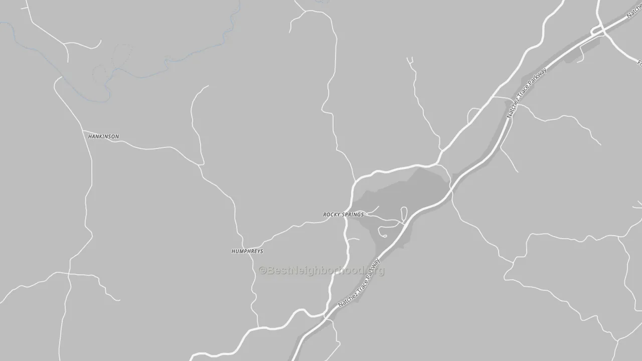 Walk Grade map of Rocky Springs, MS, walkable areas in green and car-dependent areas in red