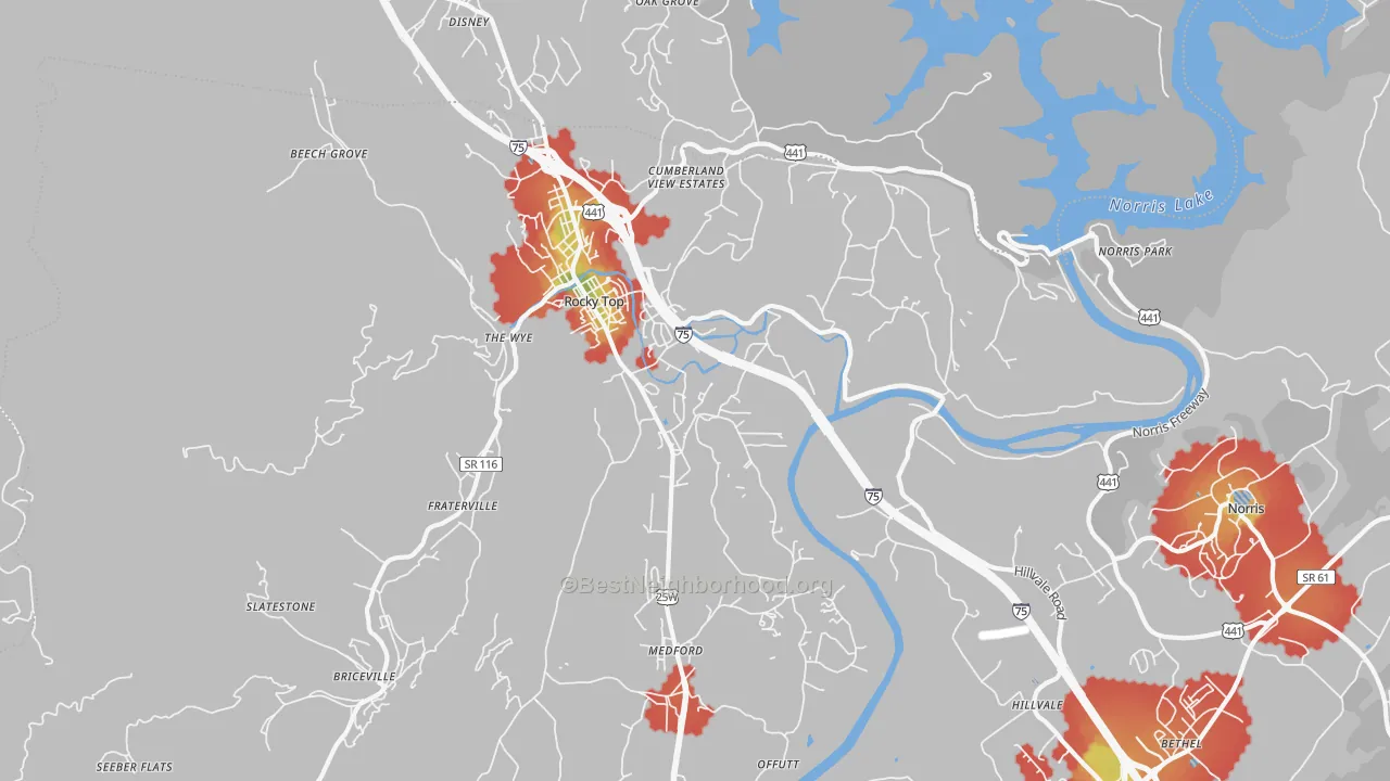 Walk Grade map of Rocky Top, TN, walkable areas in green and car-dependent areas in red