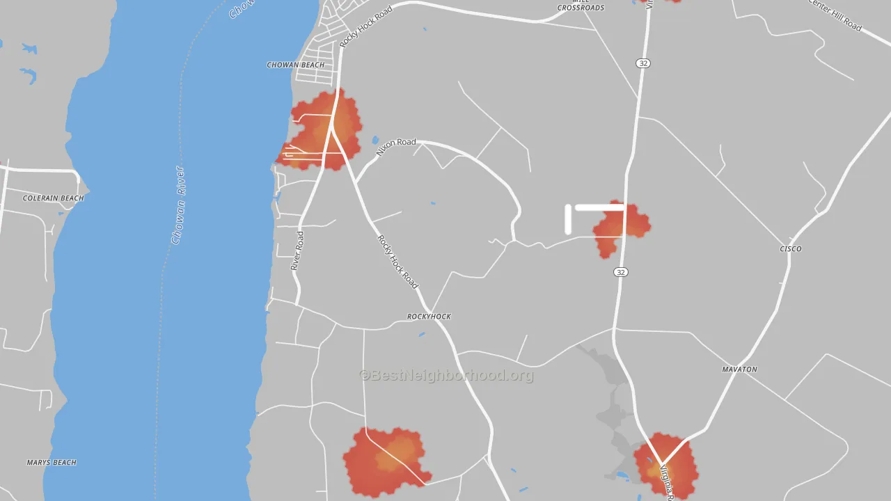 Walk Grade map of Rockyhock, NC, walkable areas in green and car-dependent areas in red