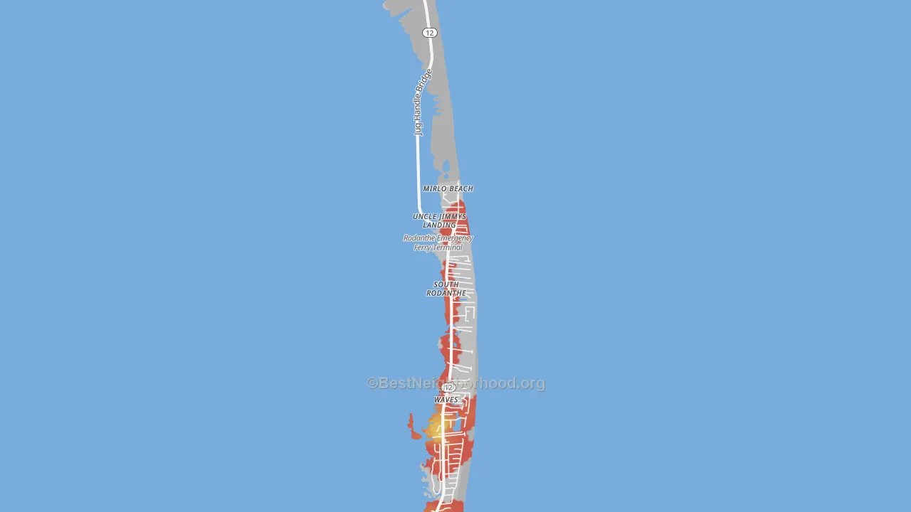Walk Grade map of Rodanthe, NC, walkable areas in green and car-dependent areas in red