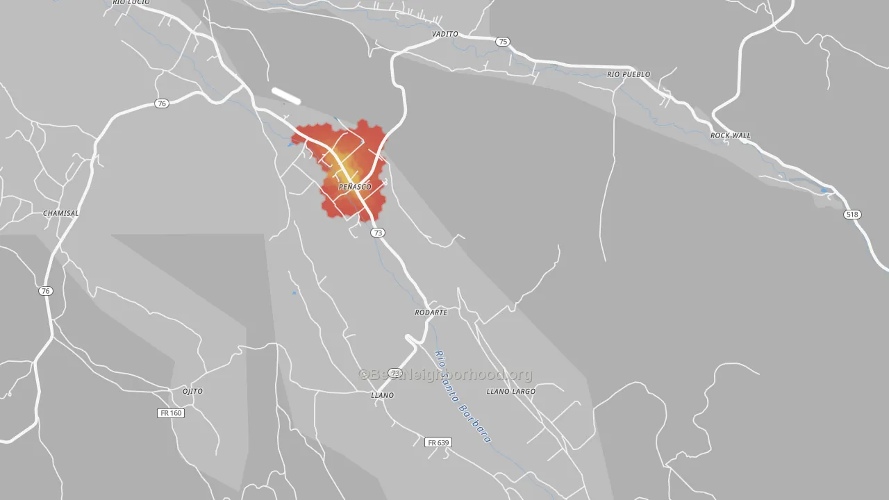 Walk Grade map of Rodarte, NM, walkable areas in green and car-dependent areas in red