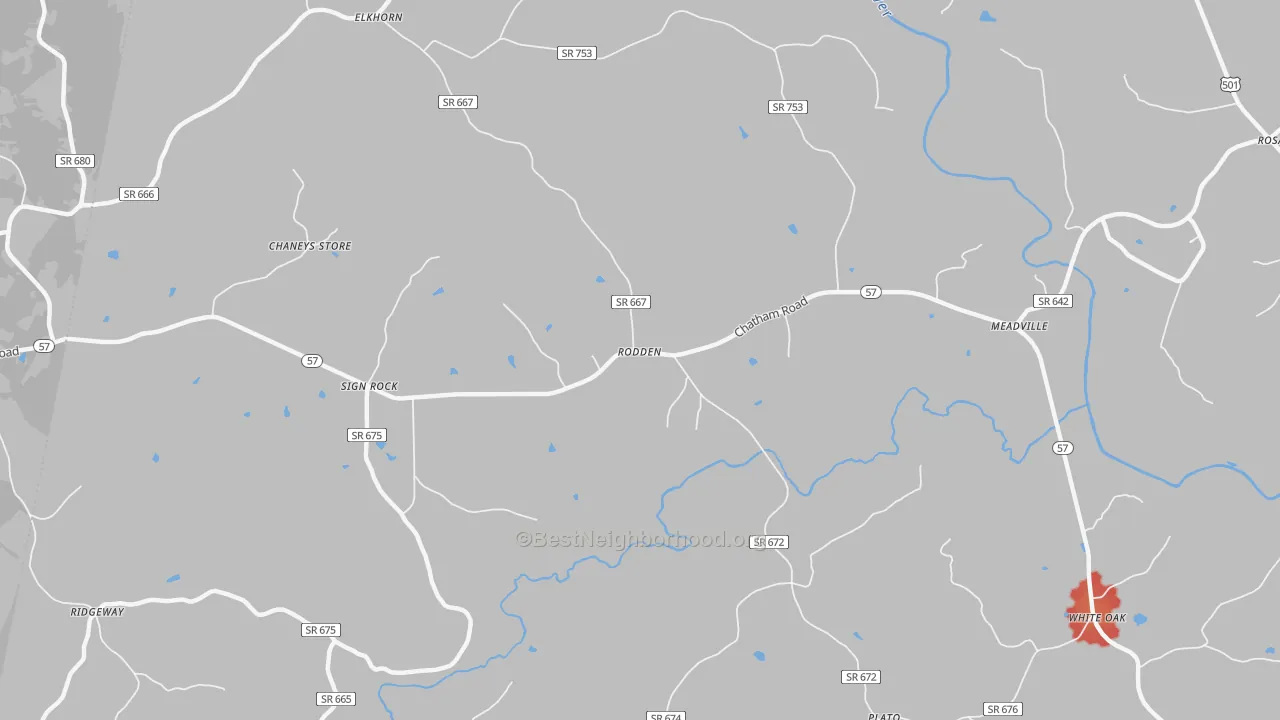 Walk Grade map of Rodden, VA, walkable areas in green and car-dependent areas in red
