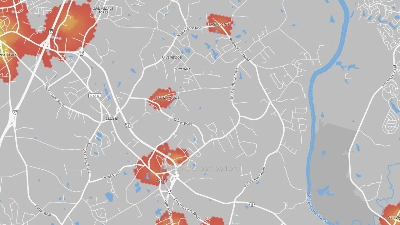 Walk Grade map of Roddy, SC, walkable areas in green and car-dependent areas in red