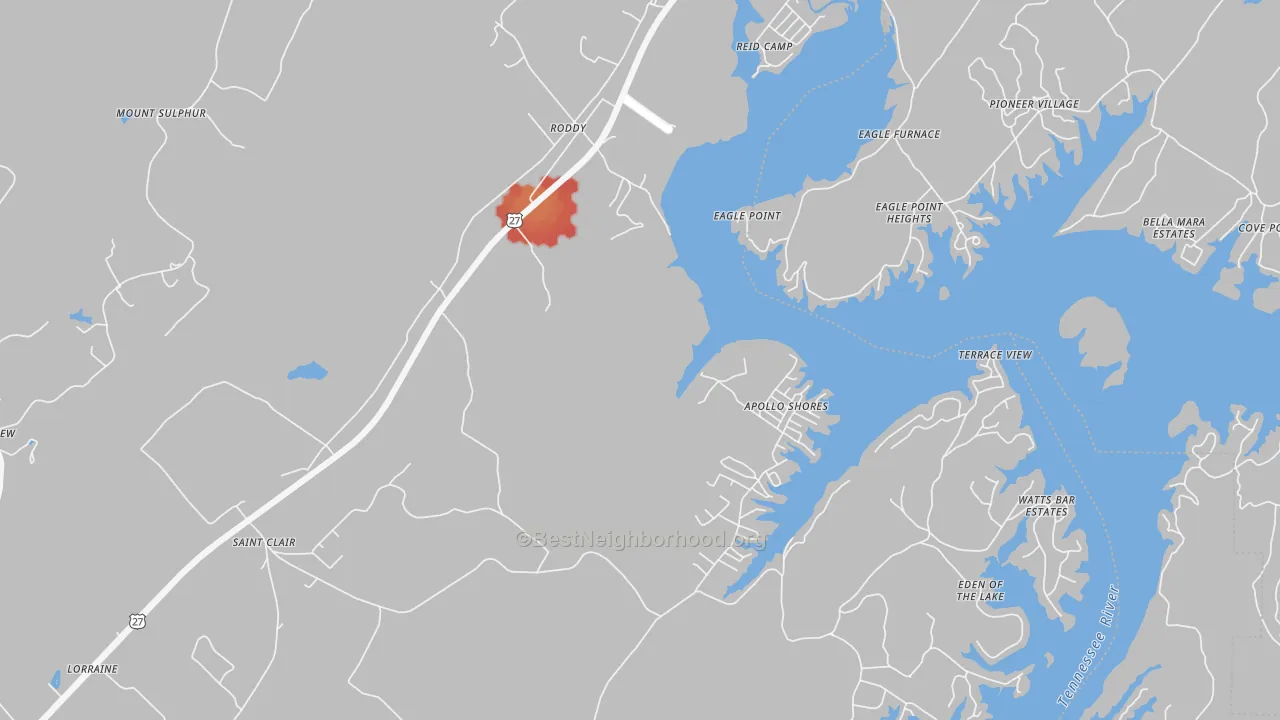 Walk Grade map of Roddy, TN, walkable areas in green and car-dependent areas in red