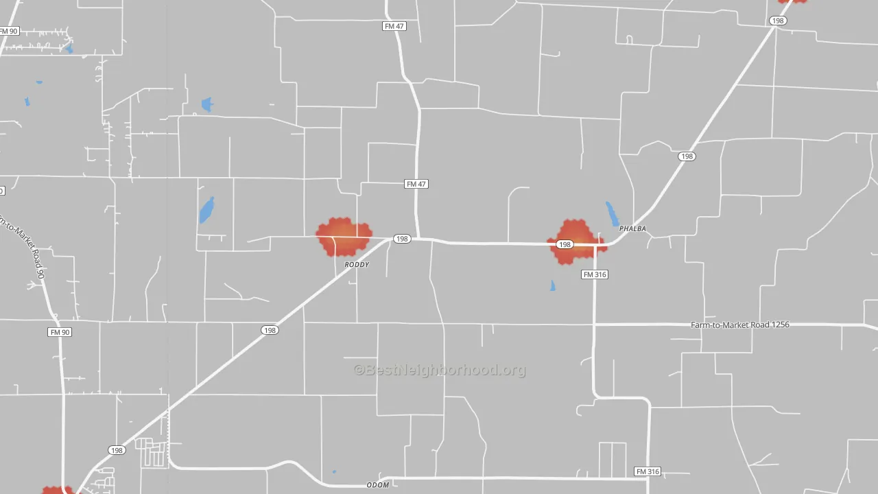 Walk Grade map of Roddy, TX, walkable areas in green and car-dependent areas in red