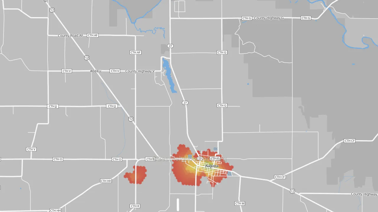 Walk Grade map of Rodell, WI, walkable areas in green and car-dependent areas in red