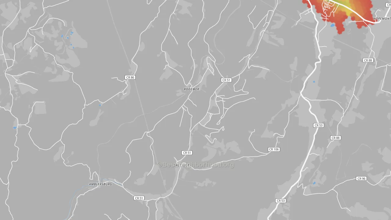 Walk Grade map of Rodemer, WV, walkable areas in green and car-dependent areas in red