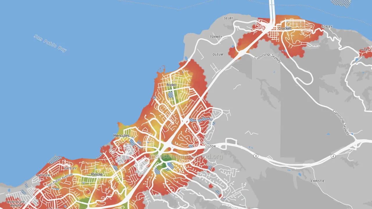 Walk Grade map of Rodeo, CA, walkable areas in green and car-dependent areas in red