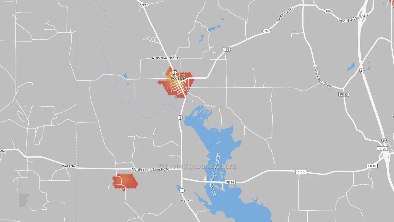 Walk Grade map of Rodessa, LA, walkable areas in green and car-dependent areas in red