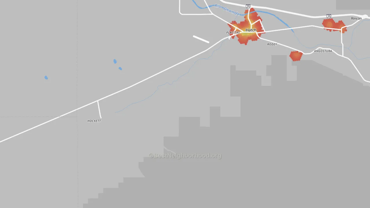 Walk Grade map of Rodey, NM, walkable areas in green and car-dependent areas in red